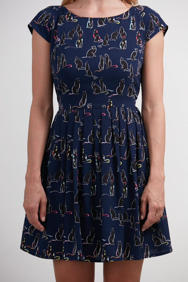 Colorful Cat All Over Print Crew Neckline Blue Dress