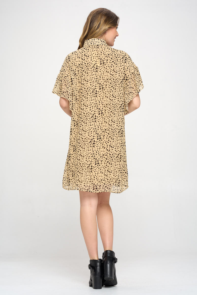 Leopard Print Button Up Short Sleeves Shirt Dress