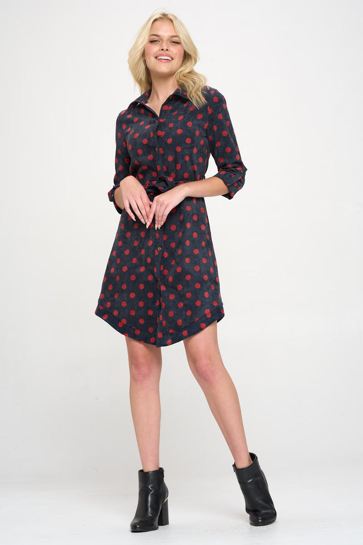 Polka Dot  Retro Style Print Corduroy Shirt Dress