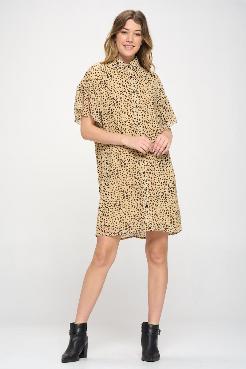 Leopard Print Button Up Short Sleeves Shirt Dress