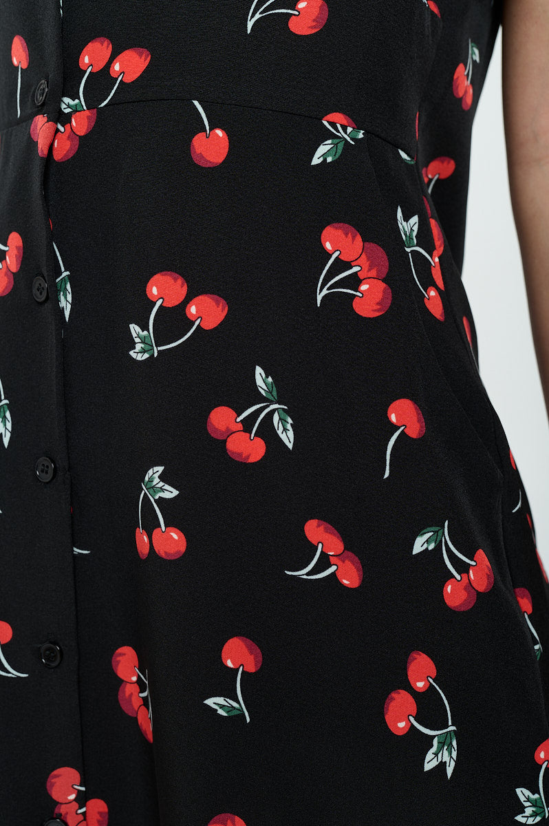 Cherry Print V-Neck Black Dress
