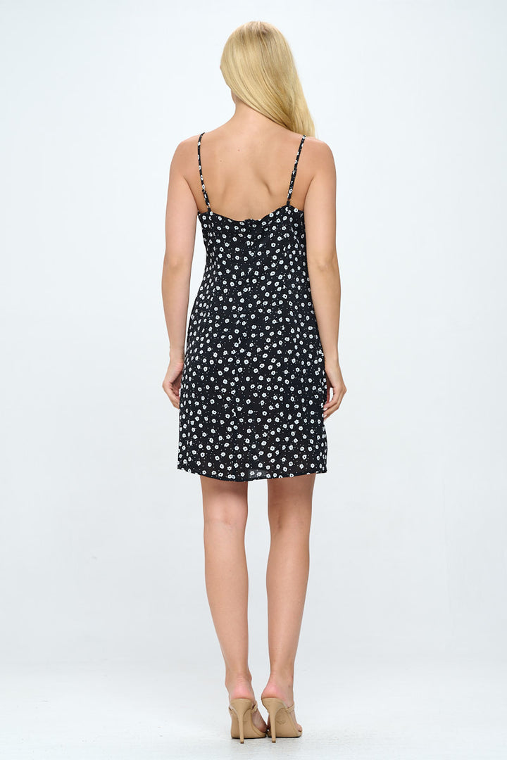 White Daisy Floral Print Black Dress