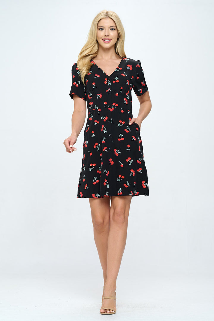 Cherry Print V-Neck Black Dress