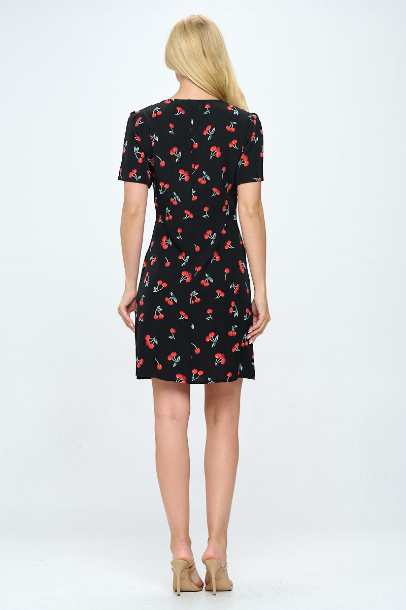 Cherry Print V-Neck Black Dress