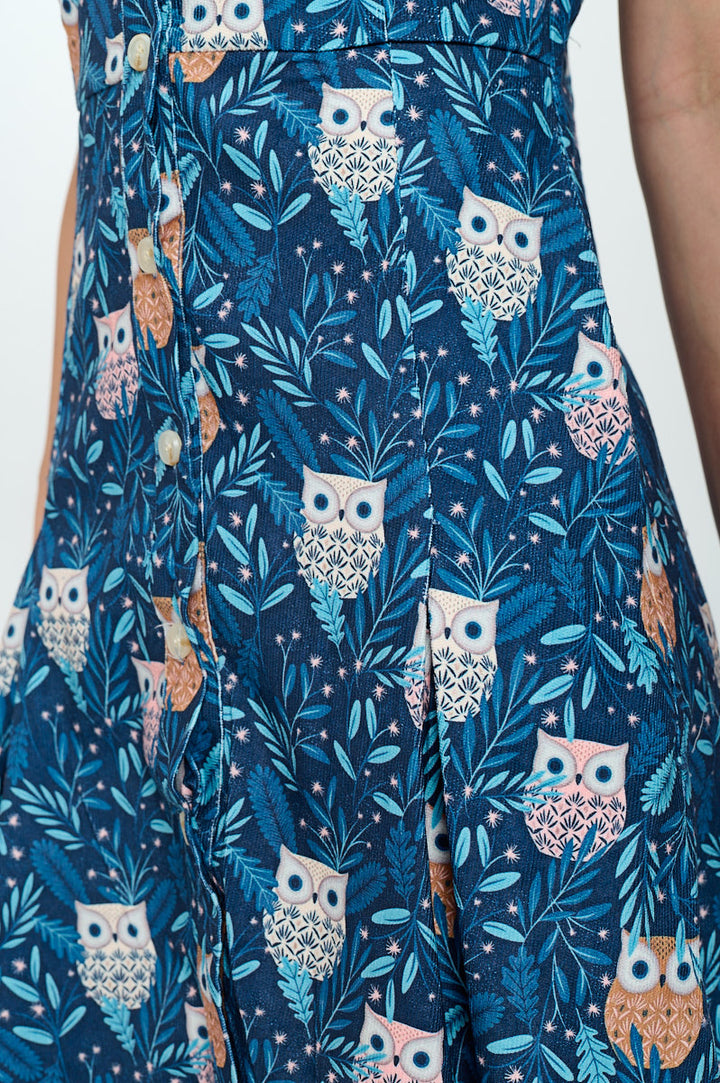 Owl Floral Print Corduroy Collared Neckline Dress