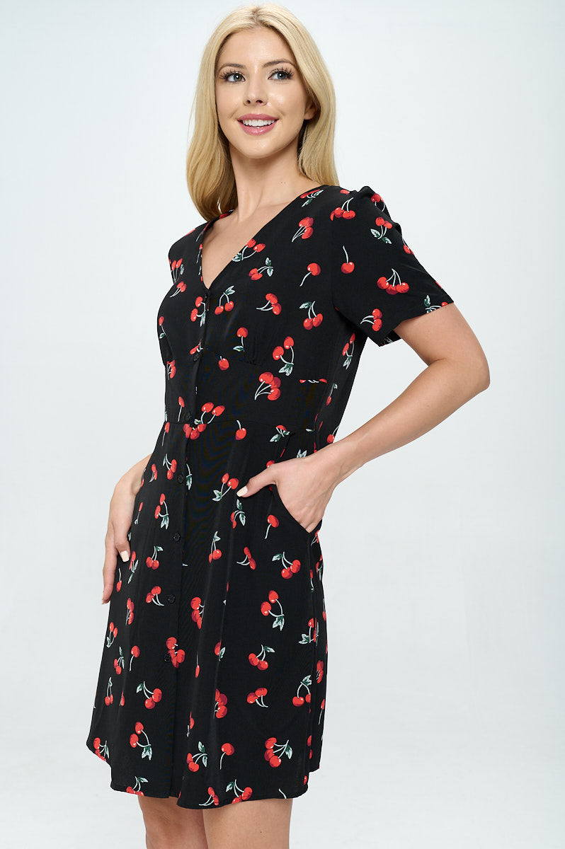 Cherry Print V-Neck Black Dress