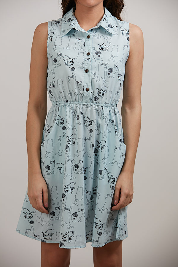 Cat Multi Breed All Over Print Collared Neck Dress