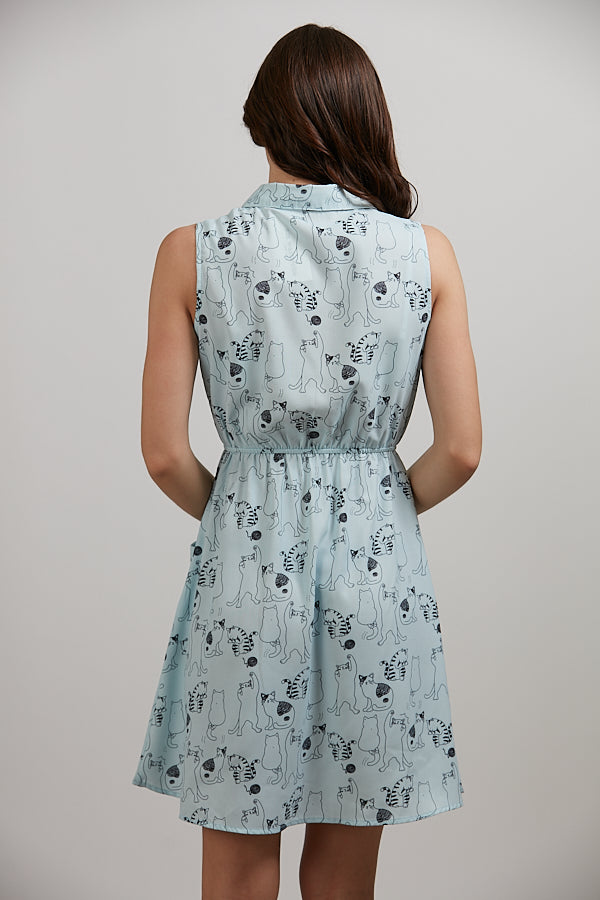 Cat Multi Breed All Over Print Collared Neck Dress