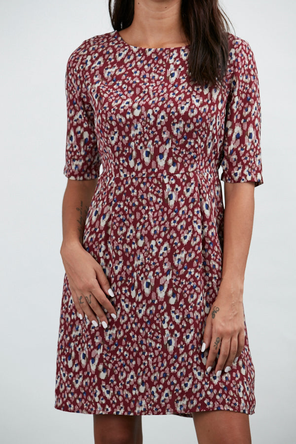 Abstract Print Round Neckline Maroon Dress