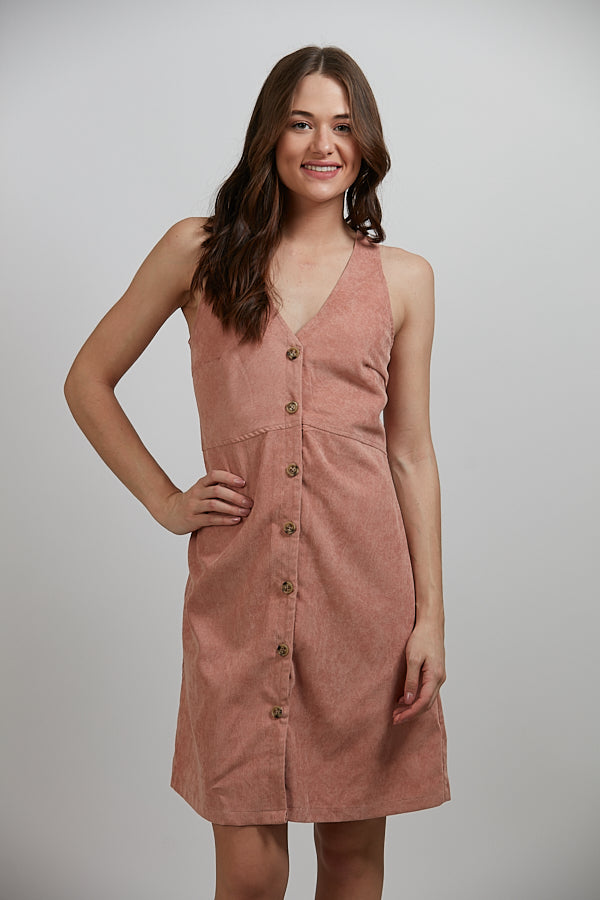 Corduroy Button Front Sleeveless Pink Dress