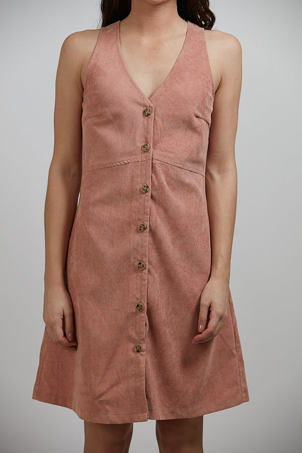 Corduroy Button Front Sleeveless Pink Dress