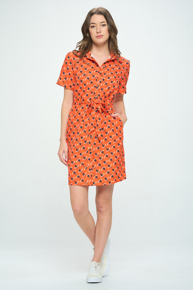 Bees All Over Print Button Front Shirt Dress