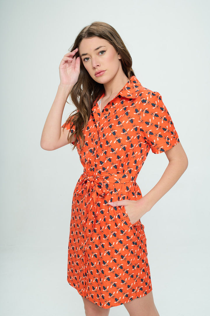 Bees All Over Print Button Front Shirt Dress