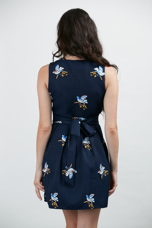 Birds on Branch Print Navy Blue Dress