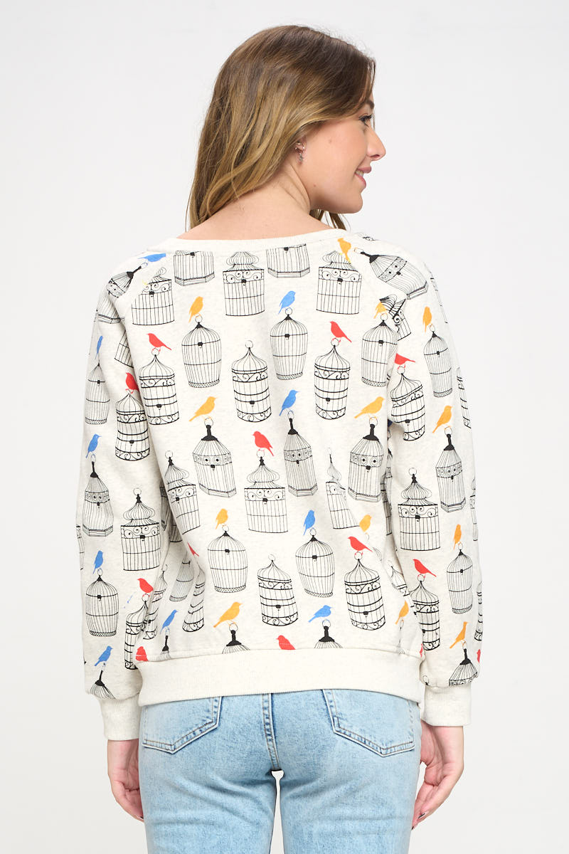 Birds on Cage Print Sweatshirt