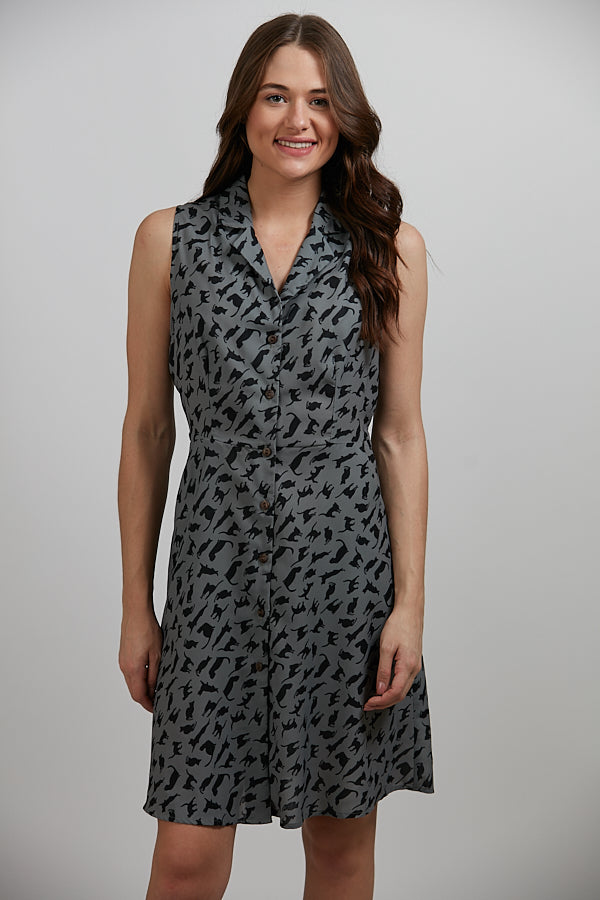 Black Cats Print Front Button Up Gray Dress