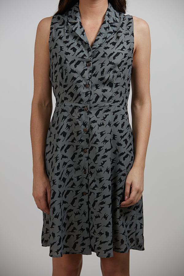 Black Cats Print Front Button Up Gray Dress