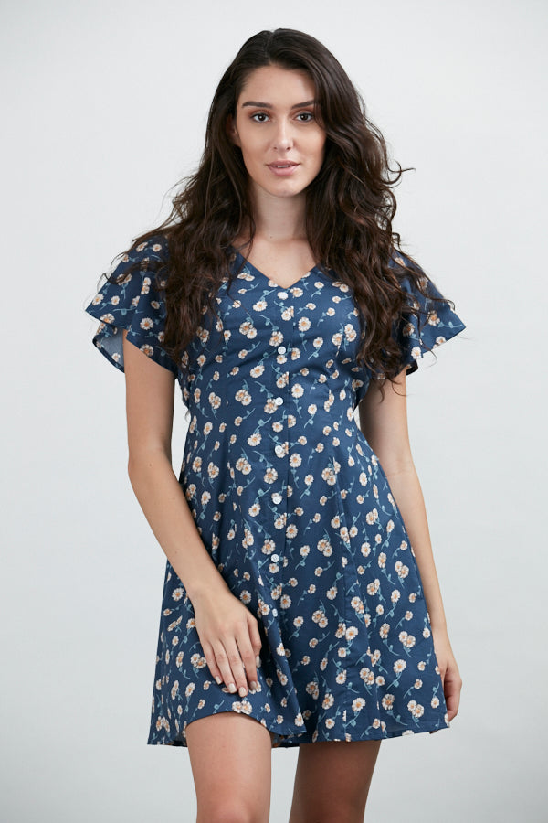 White Daisies All Over Print Blue Dress