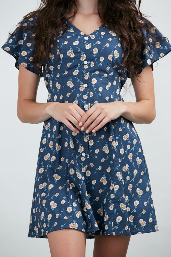 White Daisies All Over Print Blue Dress