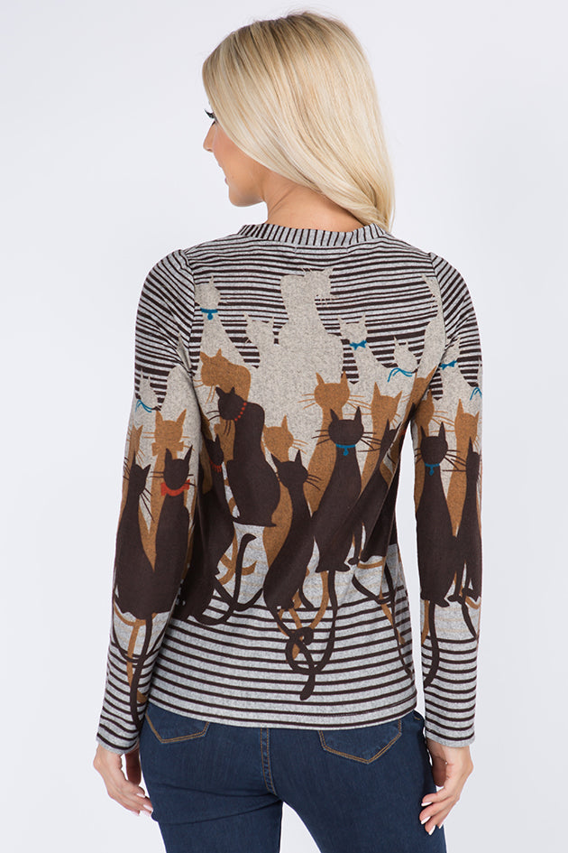 Cat and Stripe All Over Print Cardigan