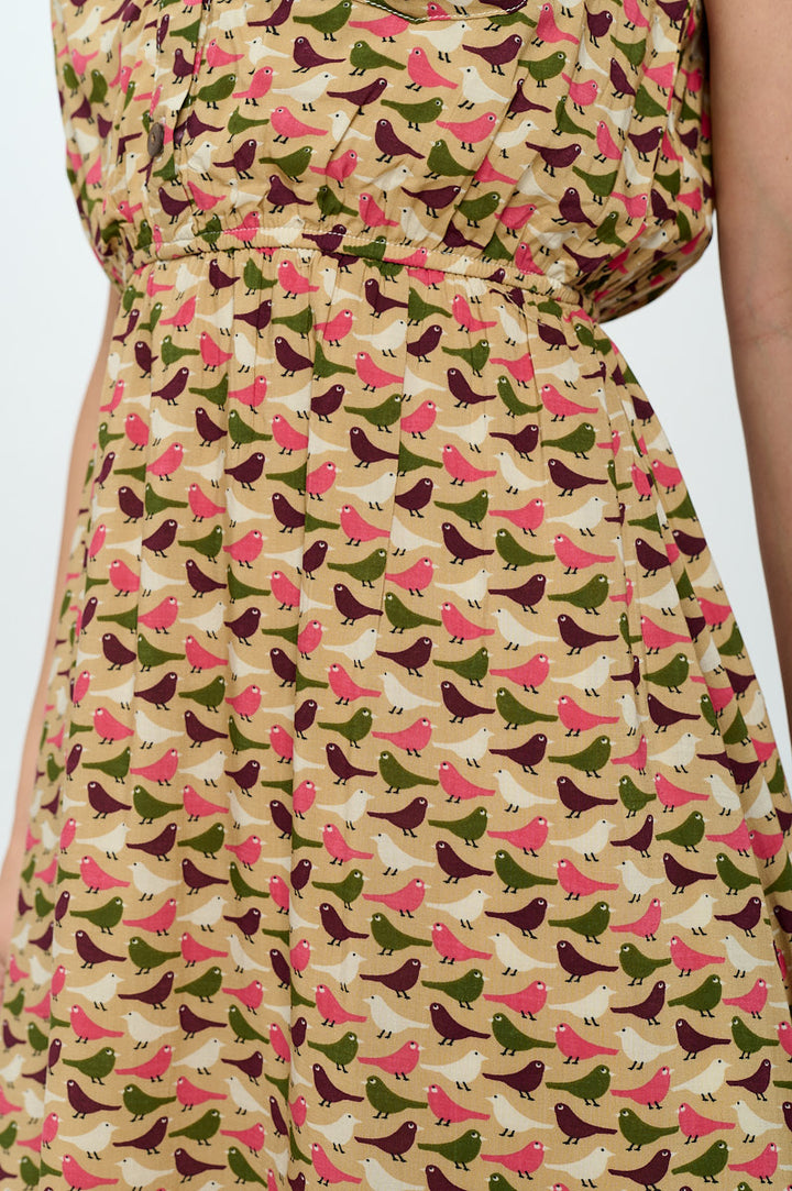 Colorful Bird Print Button Up Brown Dress