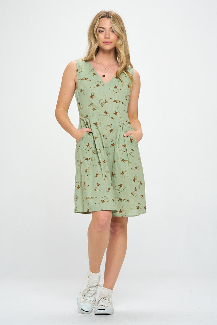 Cat Whiskers All Over Print V Neckline Dress