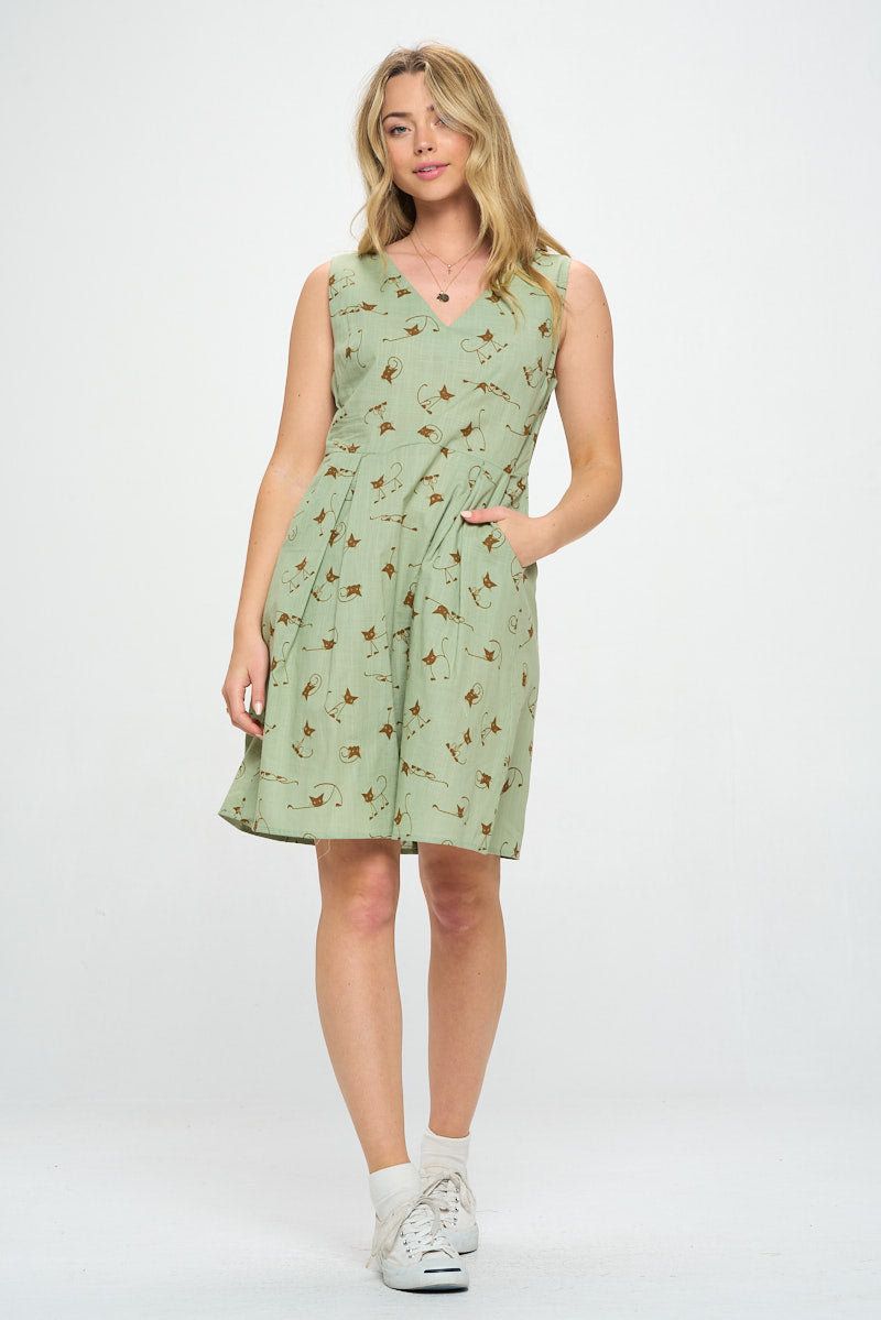 Cat Whiskers All Over Print V Neckline Dress