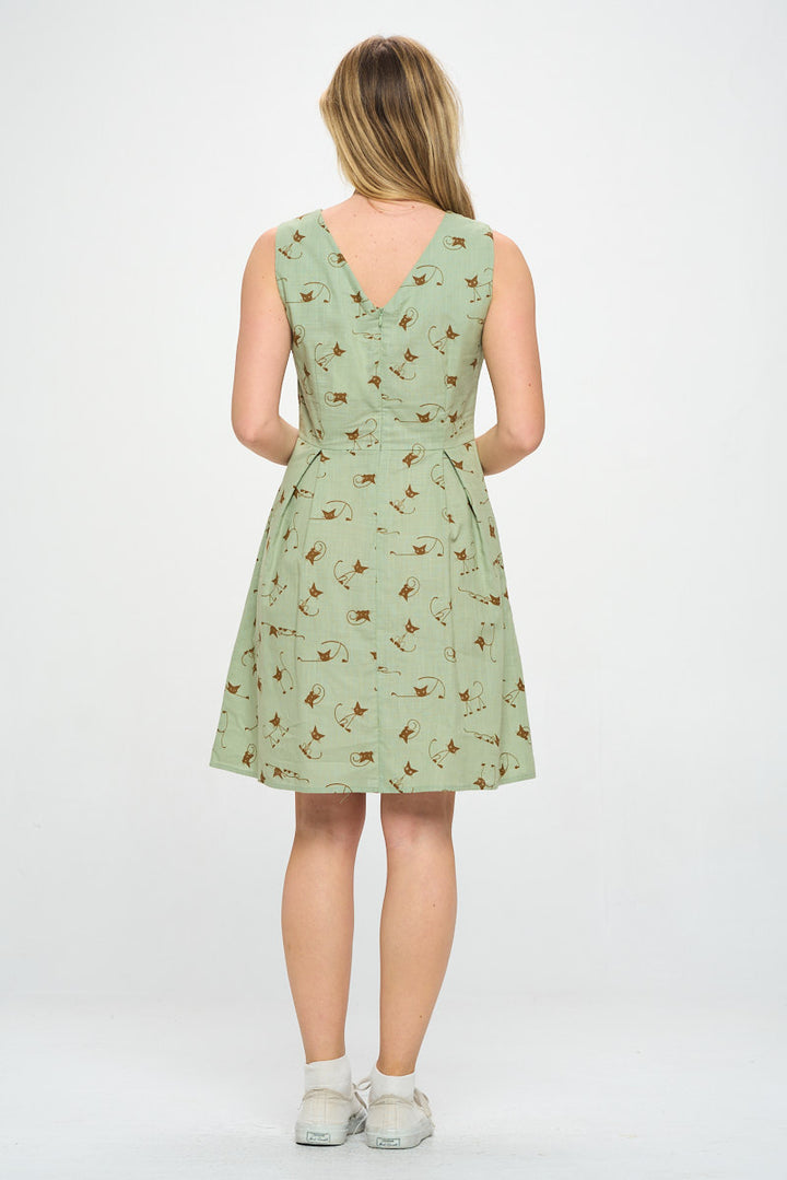 Cat Whiskers All Over Print V Neckline Dress