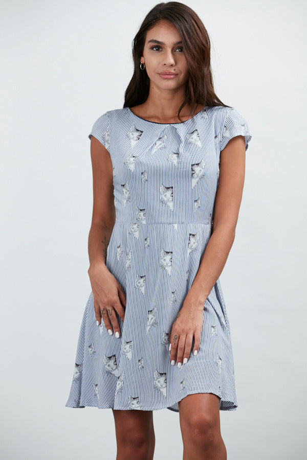 Cat & Stripe Print Fit & Flare Light Blue Dress