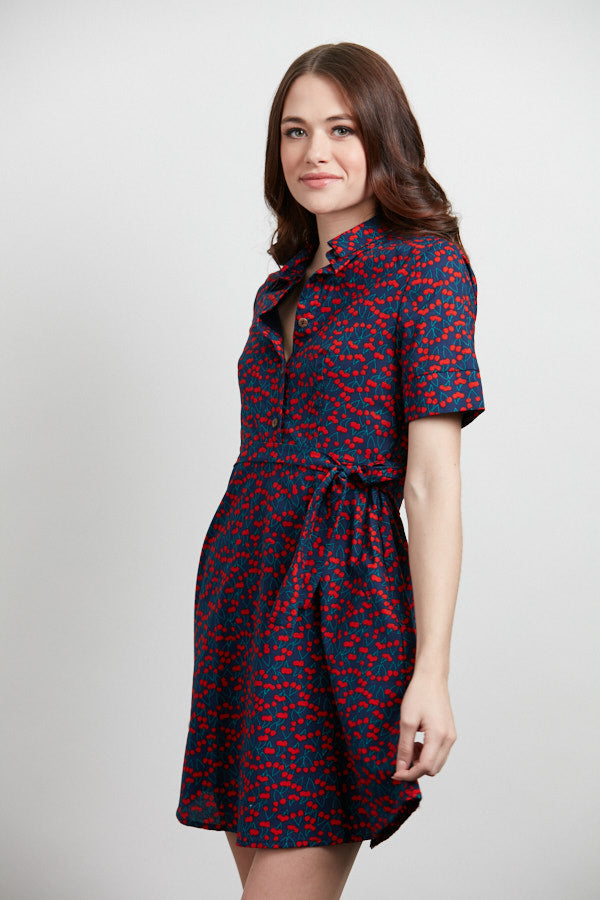 Cherry Print Collared Neck Button Front Navy Dress