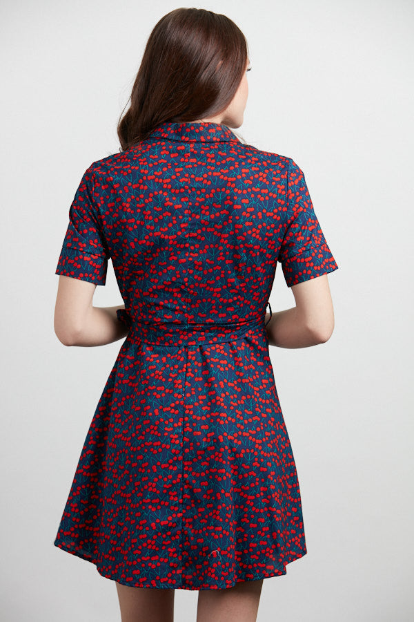 Cherry Print Collared Neck Button Front Navy Dress