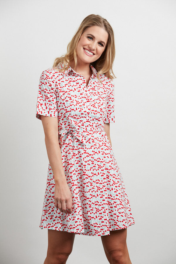 Cherry Print Collared Neck Button UP Cotton White Dress