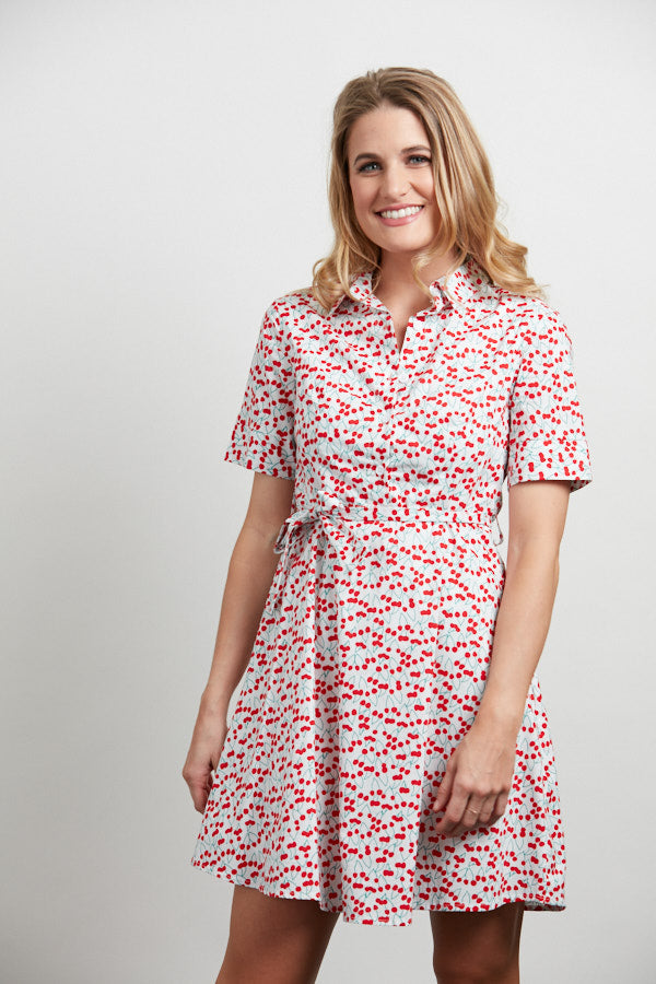 Cherry Print Collared Neck Button UP Cotton White Dress