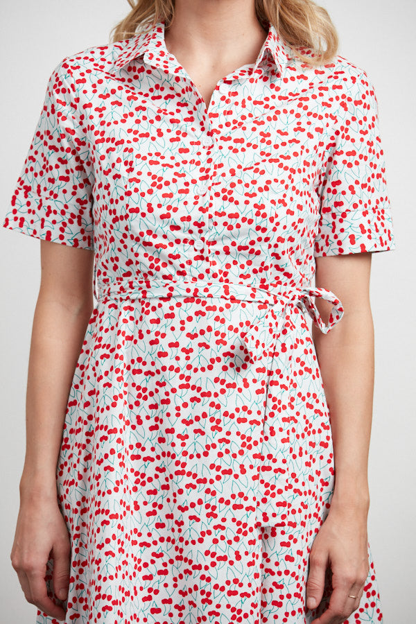 Cherry Print Collared Neck Button UP Cotton White Dress