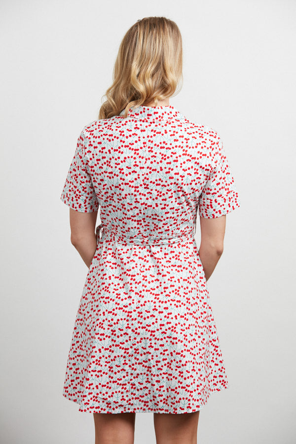 Cherry Print Collared Neck Button UP Cotton White Dress