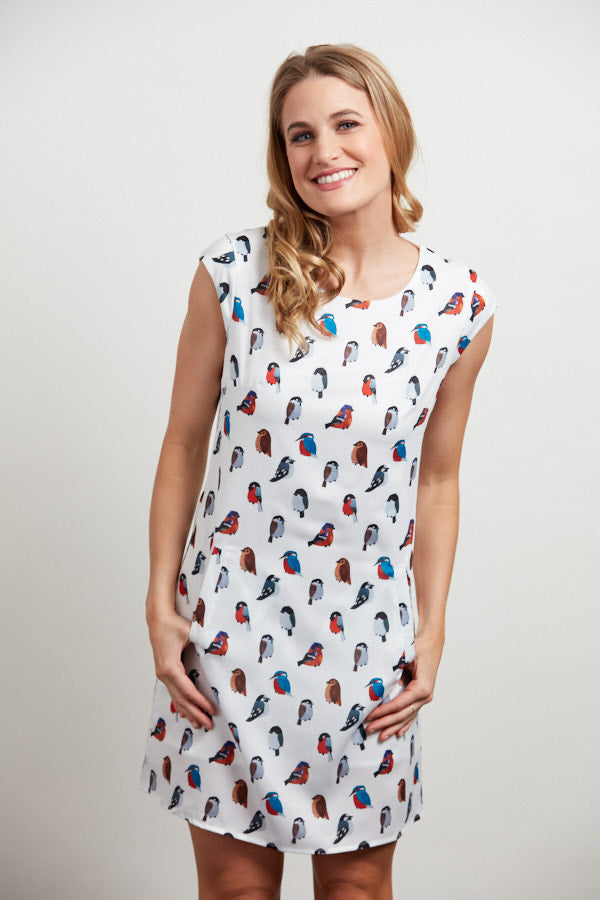 Colorful Birds Print Shift Style  White Dress