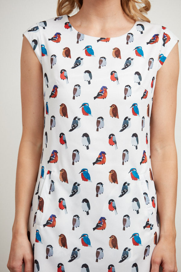 Colorful Birds Print Shift Style  White Dress