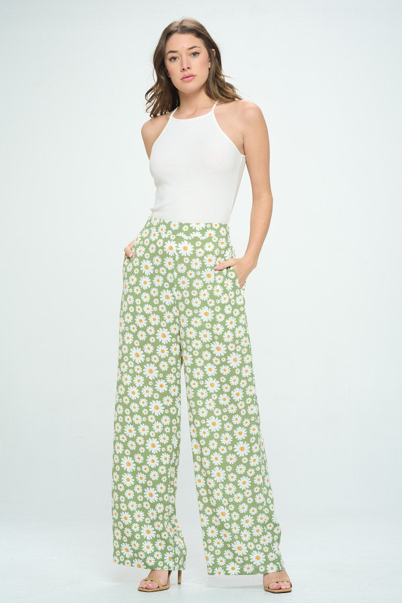Daisy Floral All Over Print Wide Leg Pants