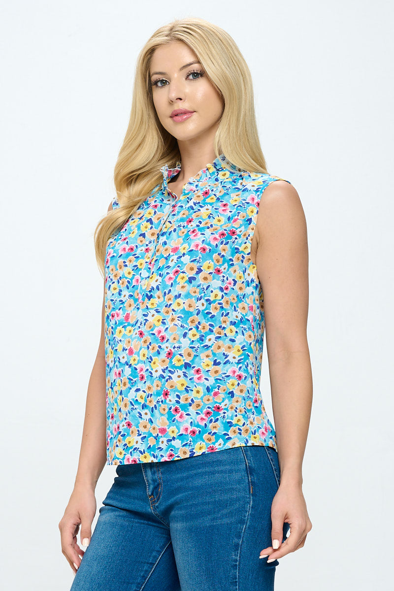 Ditsy Floral All Over Print Button Front Blue Blouse