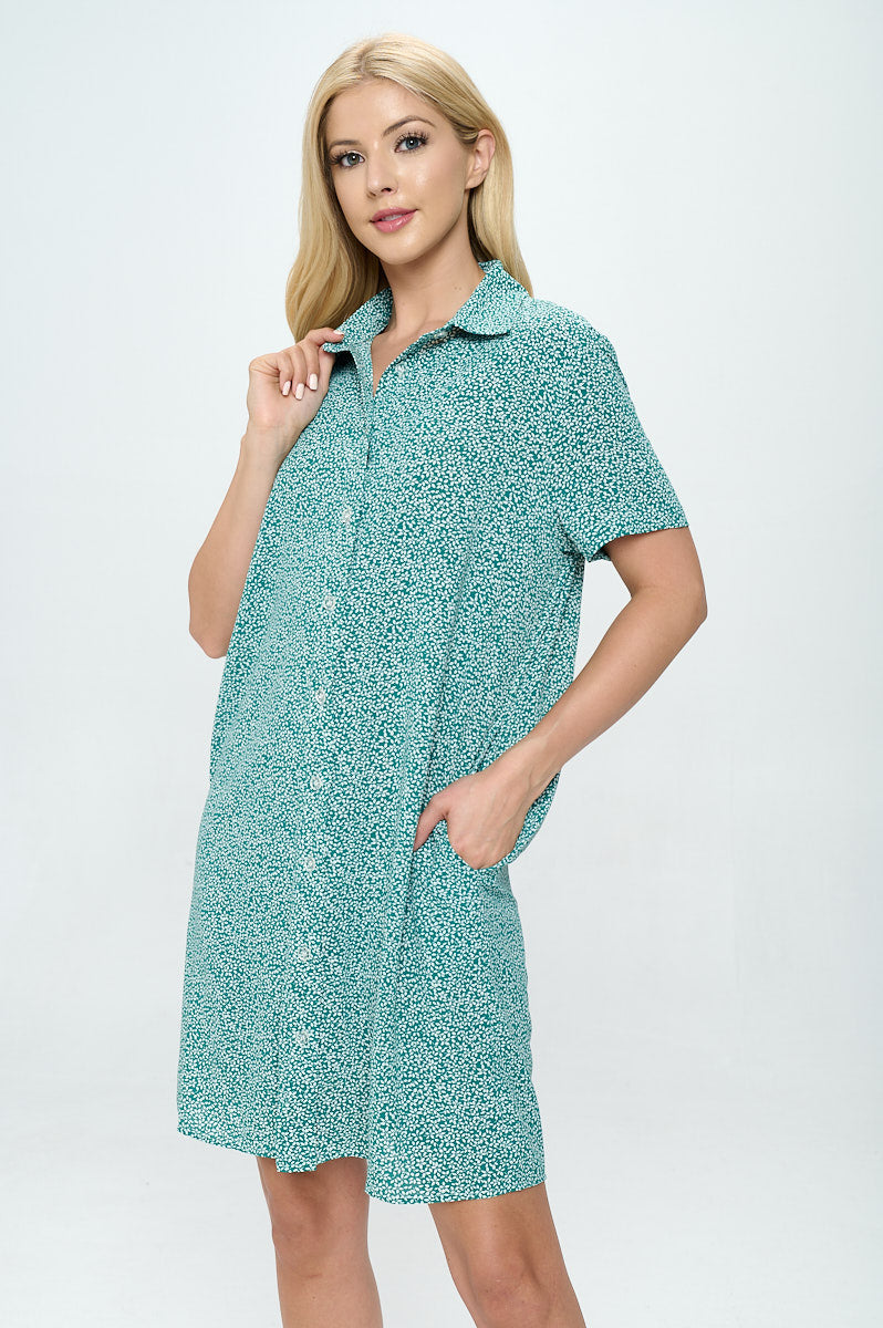 Daisy Floral Print Green Shirt Dress