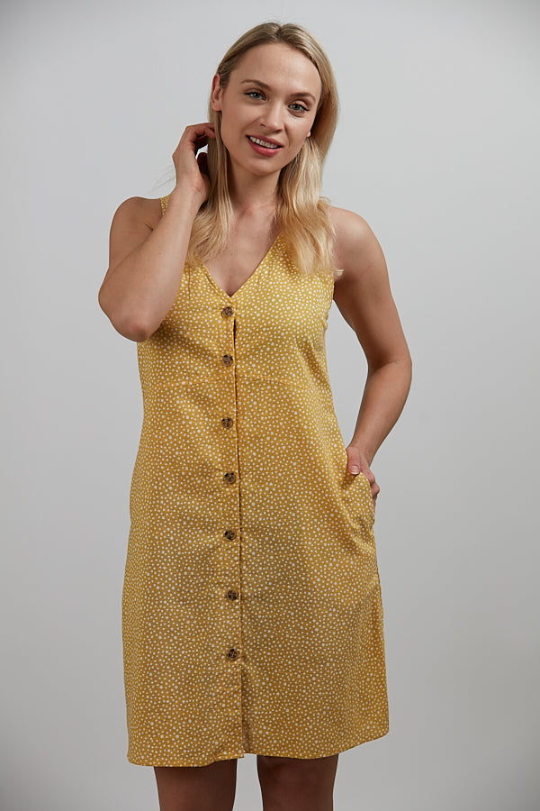 Polka Dot Print Button Front Mustard Color Dress
