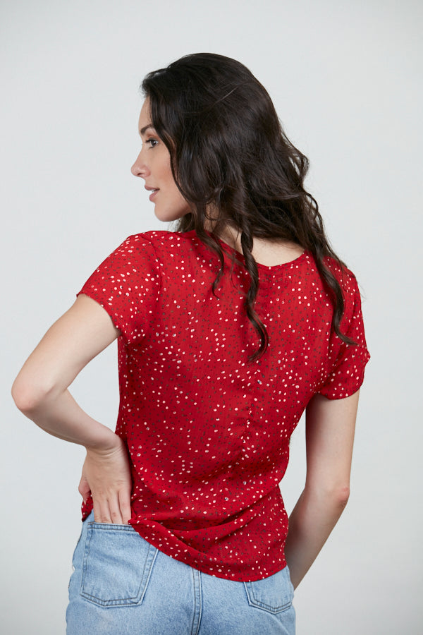 Dot Print V-Neckline Red Blouse