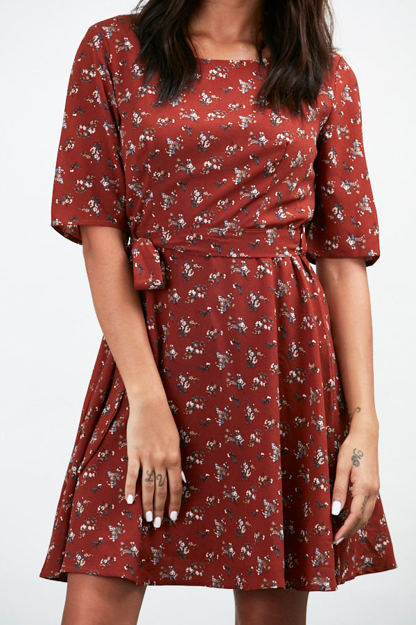 Floral All Over Print Crew Neckline Corduroy Dress