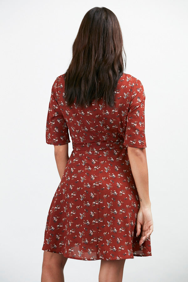 Floral All Over Print Crew Neckline Corduroy Dress