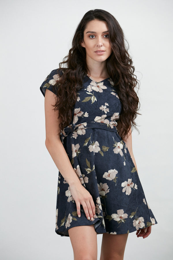 Floral All Over Print Crew Neck Corduroy Dress
