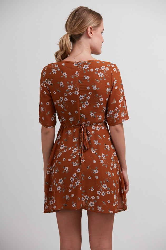 Floral All Over Print Brown Dress