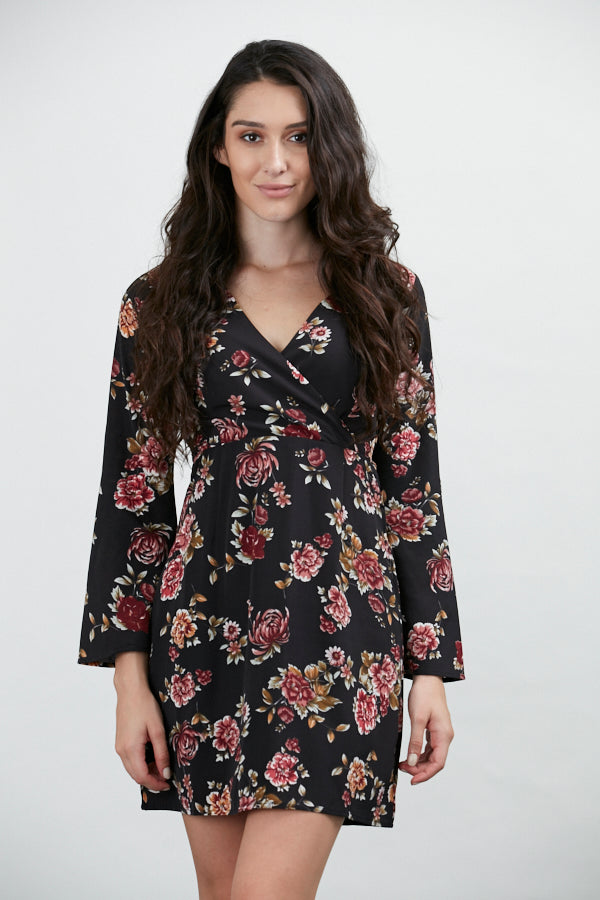 Floral Print Wrap Style Black Dress