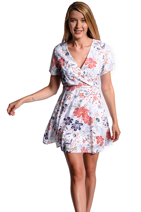 Floral Print Wrap Style White Dress