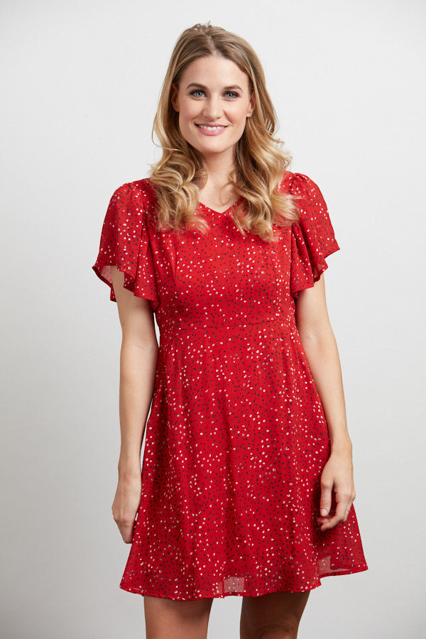All Over Dots Print Flutter Sleeves Dress Red