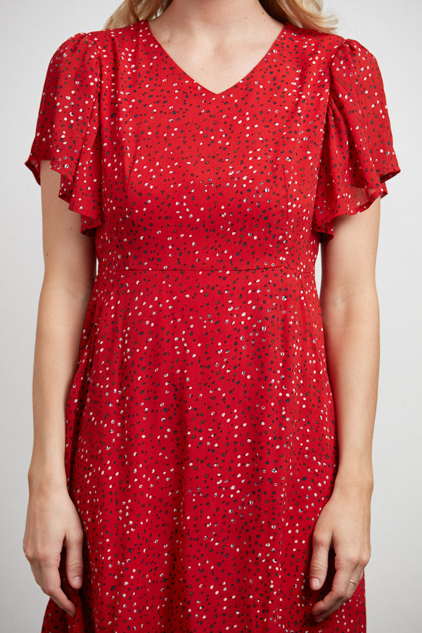 All Over Dots Print Flutter Sleeves Dress Red